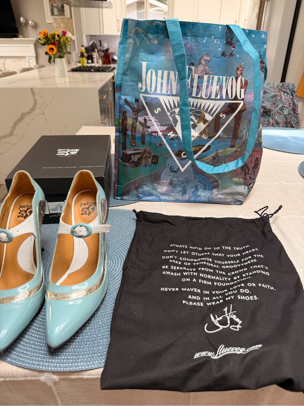 John Fluevog Sky Blue and White Pointed Mary Jane Pump with Metallic Trim - Picture 3 of 8